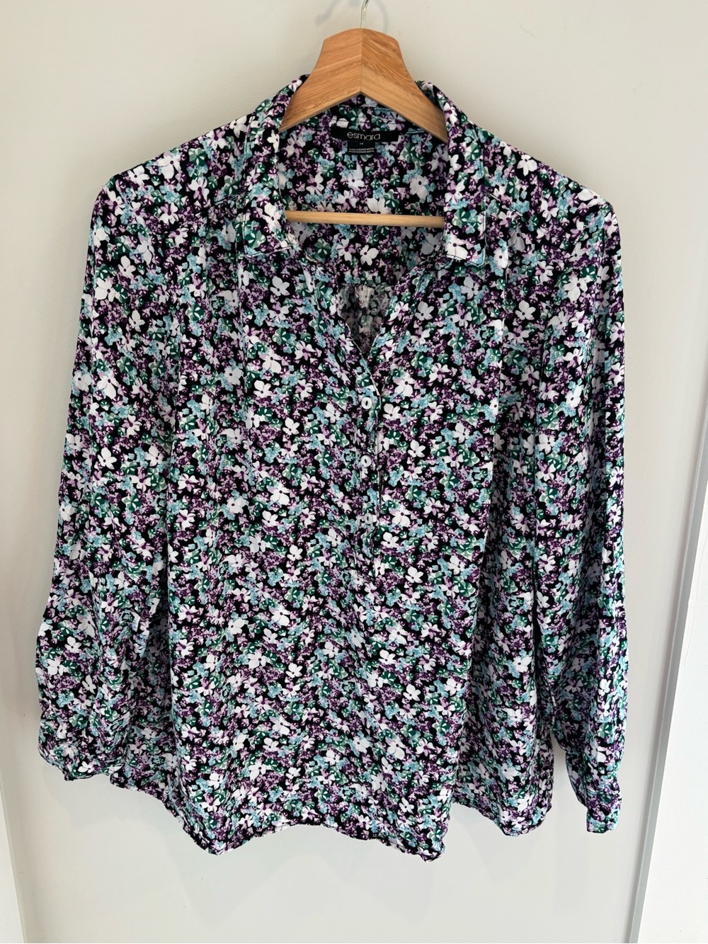Esme Vie Purple Floral Button-Up Blouse with Teal Accents